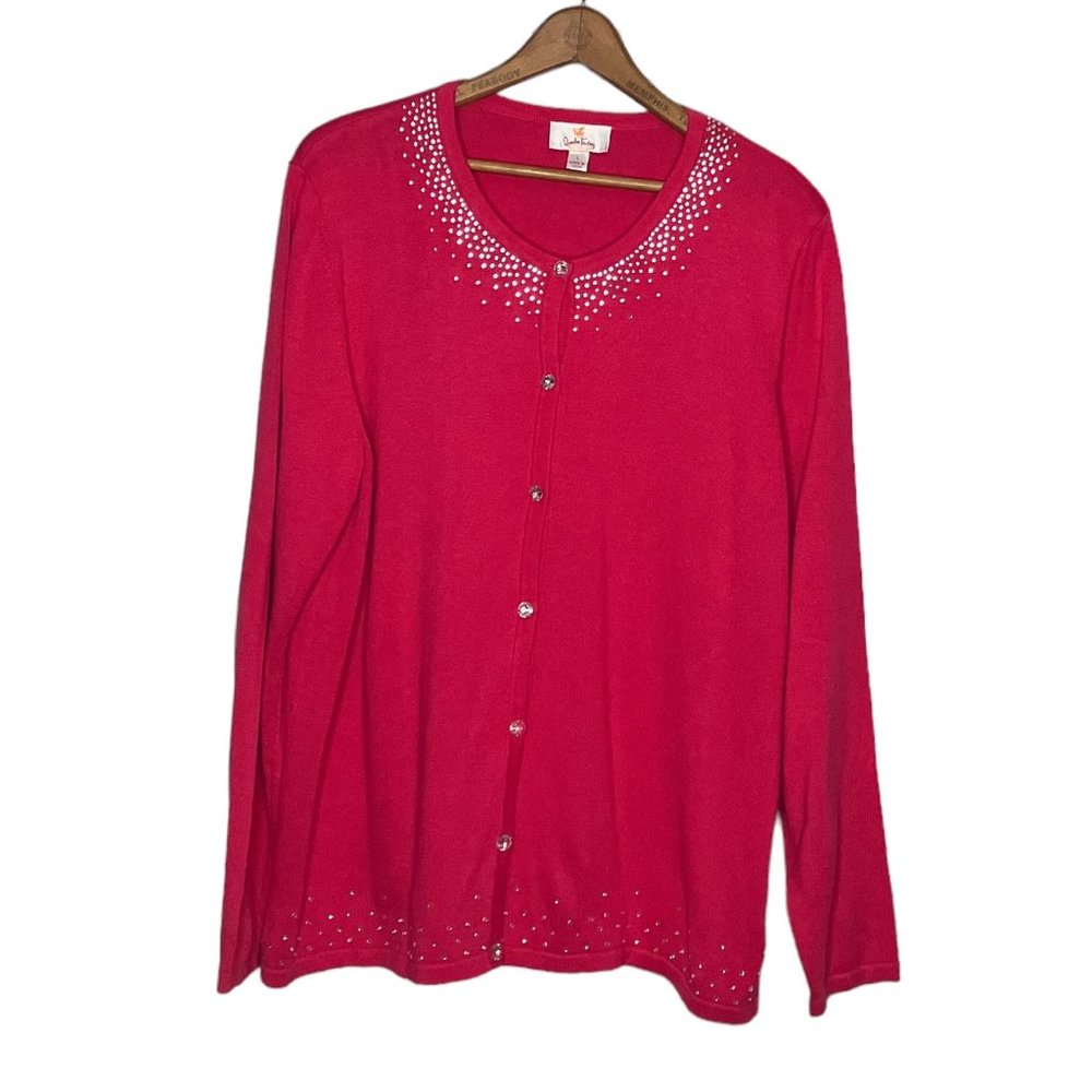 Quacker Factory Large L Hot Pink Rhinestone Bling Embellished Cardigan Sweater